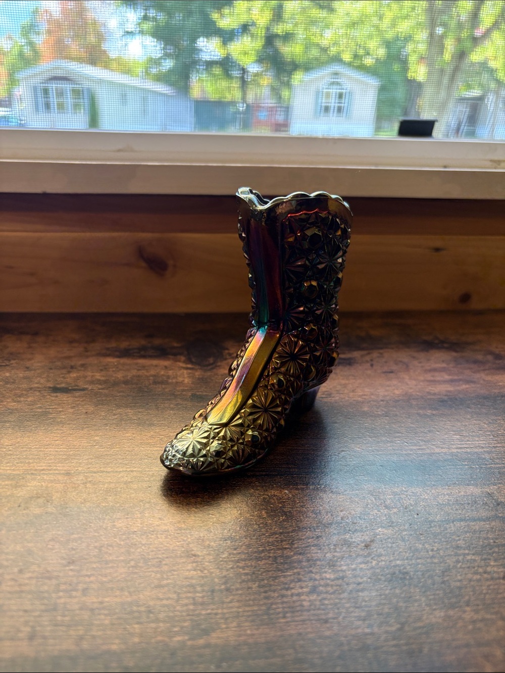 Vintage Fenton Amethyst Carnival Glass Daisy and Button Boot Vase